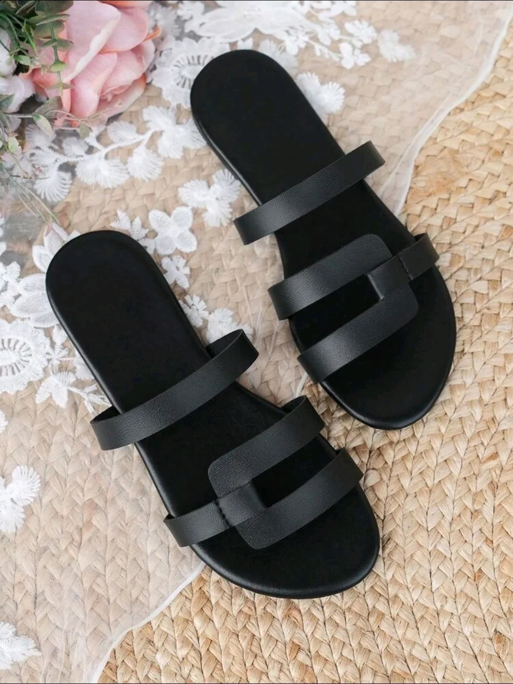 Black Triple-Strap Women's Slide Sandals
